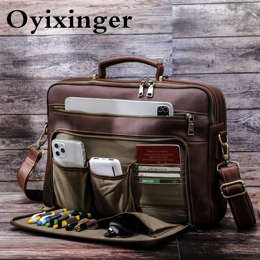 OYIXINGER Vintage Large Capacity Men Laptop Briefcase Bag For 17 15.6" Genuine Leather Luxury Multi-function Handbags Breifcases