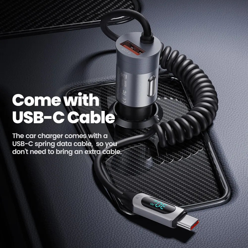 شاحن سيارة Toocki USB بقوة 65 وات، شحن سريع 3.0 4.0، شاحن هاتف للسيارة مع كابل شاشة من النوع C لأجهزة iPhone 15 14 13 12