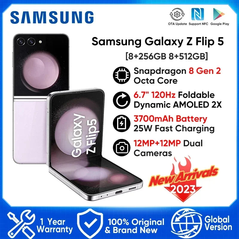 هاتف Samsung Galaxy Z Flip 5 5G الجديد بشاشة 6.7 بوصة 120 هرتز قابلة للطي Dynamic AMOLED 2X ومعالج Snapdragon 8 Gen 2 ونظام Android 13 لساعة Galaxy Watch 6