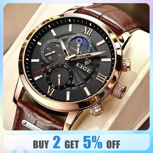 LIGE New Men's Watches Top Brand Luxury Brown Leather Casual Quartz Watch Men Sport Waterproof Clock Watch Relogio Masculino