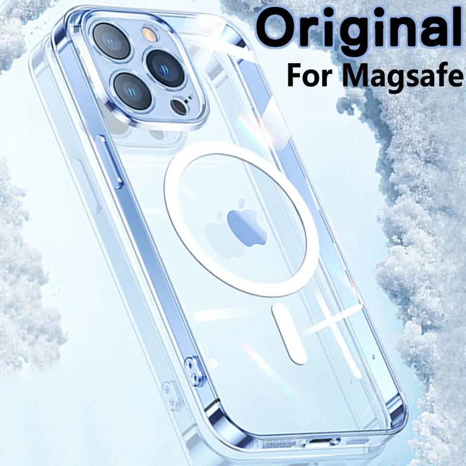 جراب مغناطيسي أصلي لهاتف iPhone 15 14 13 12 11 Pro Max Mini XS XR 7 8 Plus SE لأغطية Magsafe الخلفية الشفافة المقاومة للصدمات