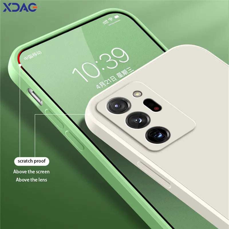 غطاء سيليكون سائل مربع لهاتف سامسونج جالاكسي نوت 9 10 20 بلس ألترا، جراب نوت 9 نوت 10 نوت 20، غطاء حماية للعدسات