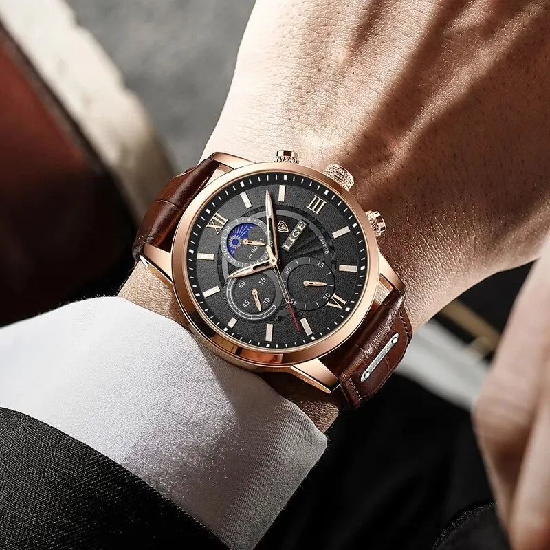 LIGE New Men's Watches Top Brand Luxury Brown Leather Casual Quartz Watch Men Sport Waterproof Clock Watch Relogio Masculino