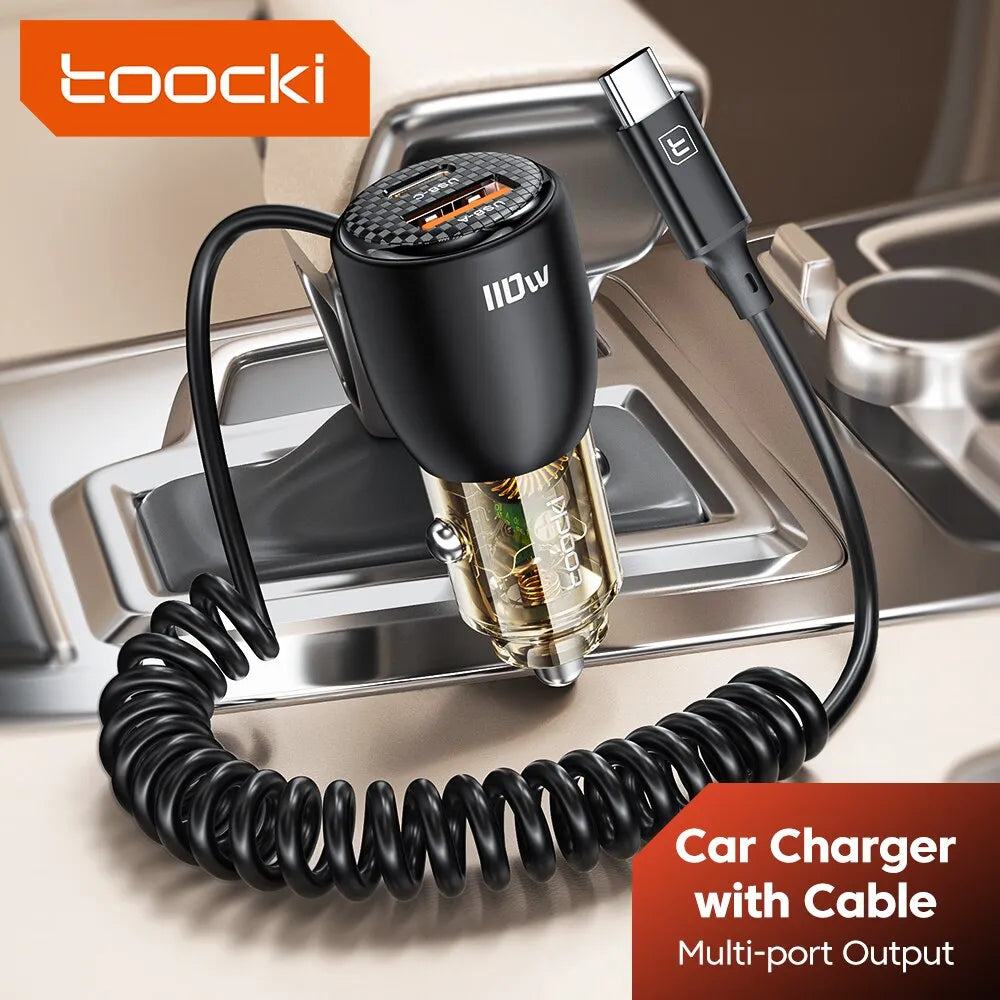 شاحن سيارة Toocki USB 110 واط، شحن سريع 4.0، شاحن سيارة شفاف من النوع C، مع كابل من النوع C لهاتف Xiaomi iPhone Samsung S2