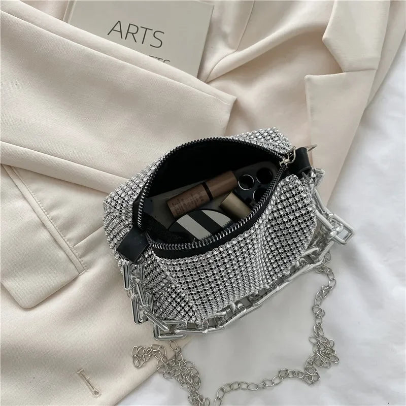 Fashion Diamond Chain Bag for Women's New Trendy Solid Zipper Female Crossbody Underarm Bags Messenger Evening Party Clutches