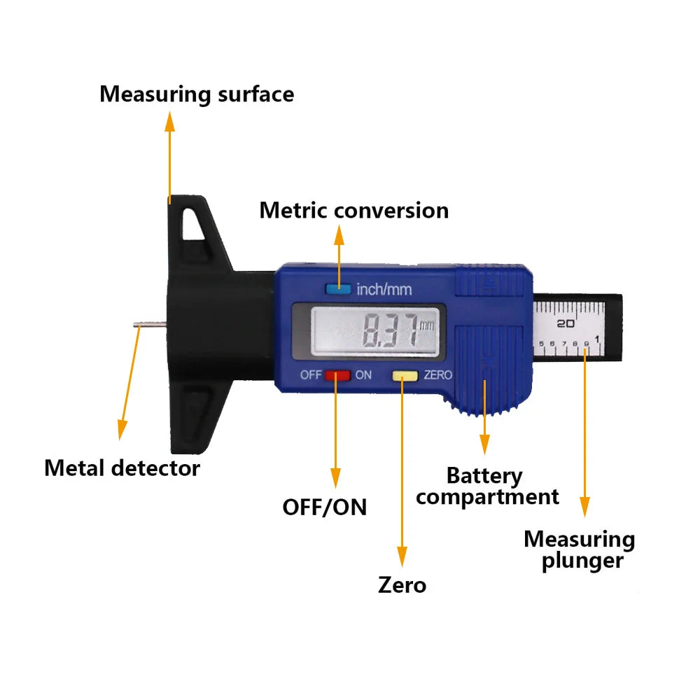 Digital Car Tyre Tire Tread Depth Gauge Meter Measurer Tool Caliper Thickness Gauges Tread Brake Pad Shoe Tire Monitoring System