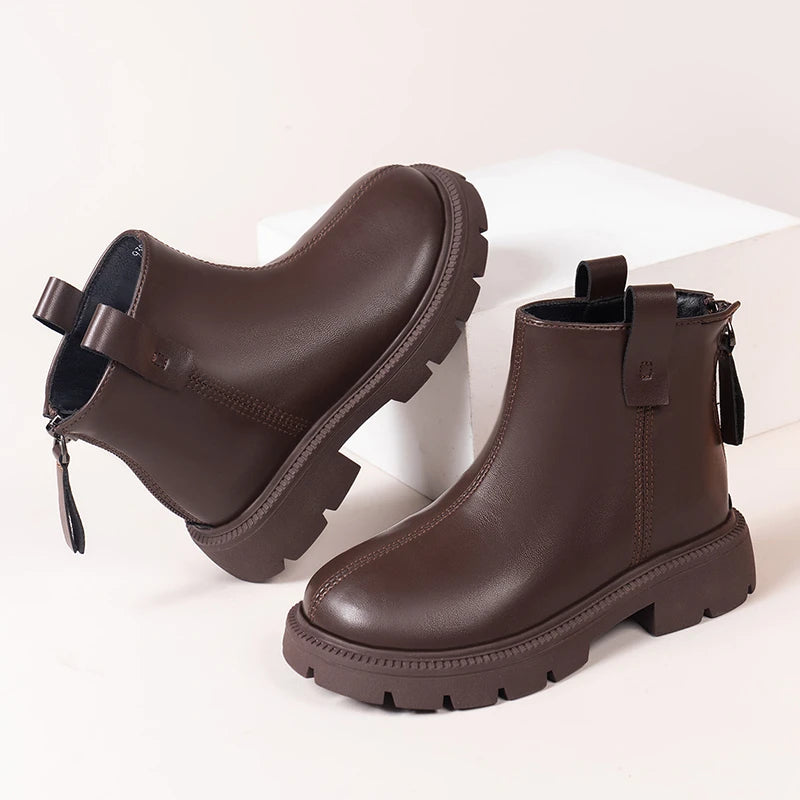 2023 New Brown Black Boys Short Boots Back Zipper Spring Autumn Chic Girls Leather Boots Non-slip Kids Shoes for Performance PU