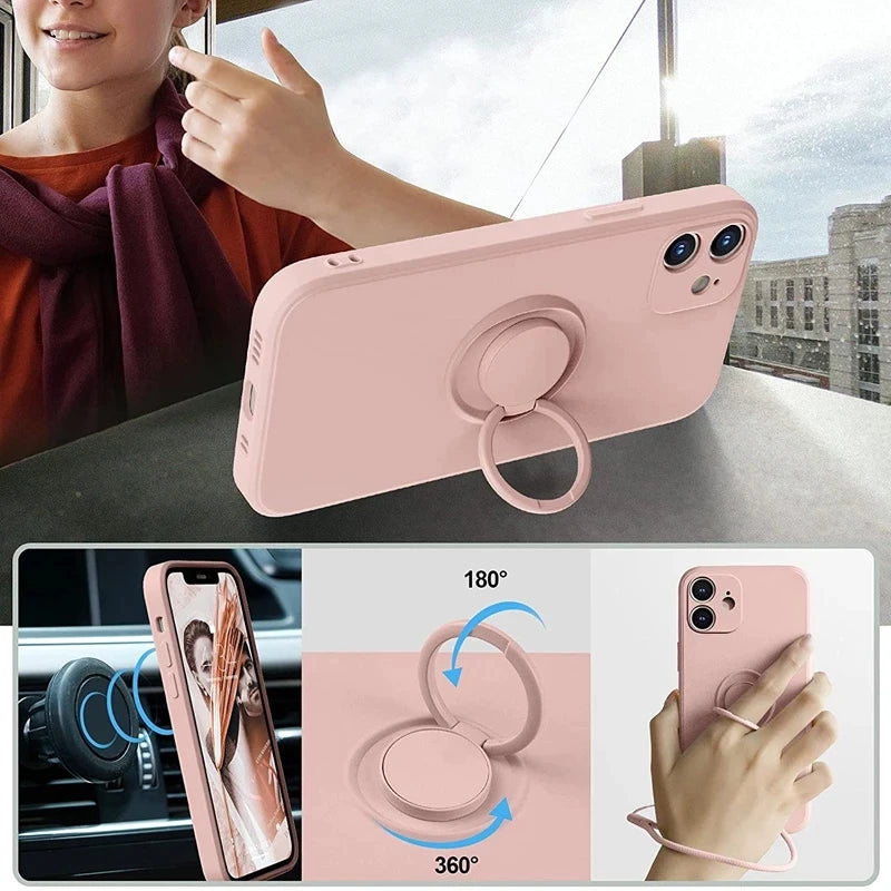 جراب هاتف من السيليكون السائل مع حامل مغناطيسي لهاتف iPhone 14 13 12 11 Pro Mini XR X XS Max 7 8 Plus Se 2020