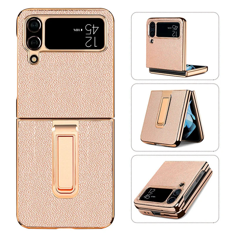 Vietao z flip5 Golden Plated genuine Leather mobile Phone Case for Samsung Galaxy Z Flip 3 5G 4 5 Case Cover with Hidden bracket