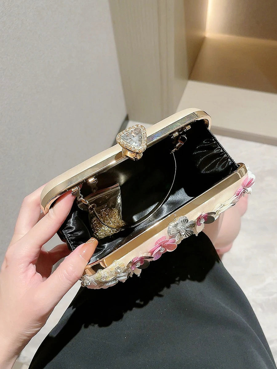 3D Beaded Flower Evening Bag, Elegant Box Clutch Purse, Women's Wedding Handbags For Party Prom