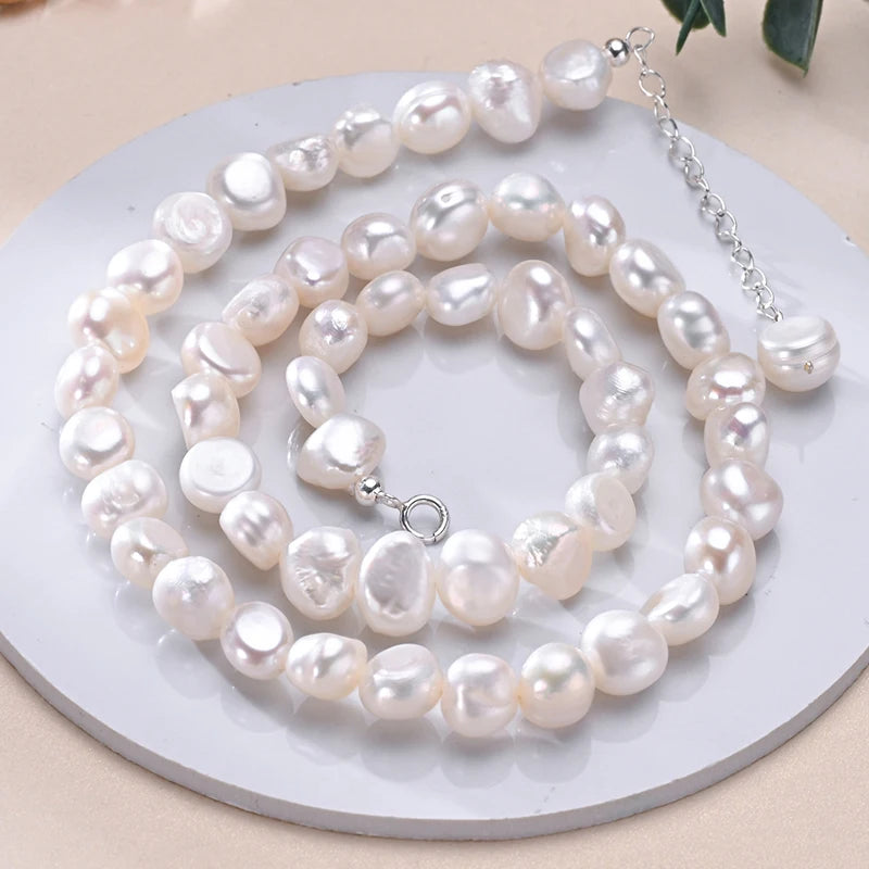 HENGSHENG Classic Baroque 925 Sterling Silver Freshwater 8-9mm White Pearl Necklace Fine Trendy Jewelry Gift for Women Girls