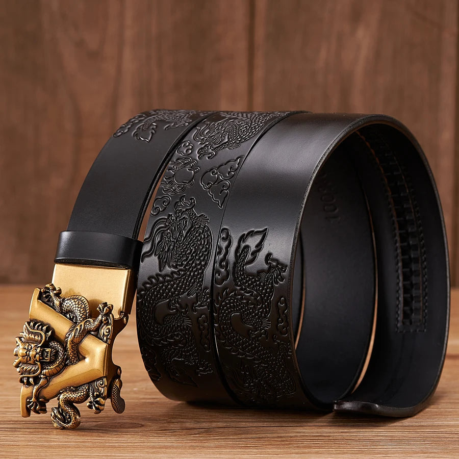 Male Chinese Dragon Belt Cowskin Genuine Leather Belt for Men Carving Dragon Pattern Automatic Buckle Belt Strap