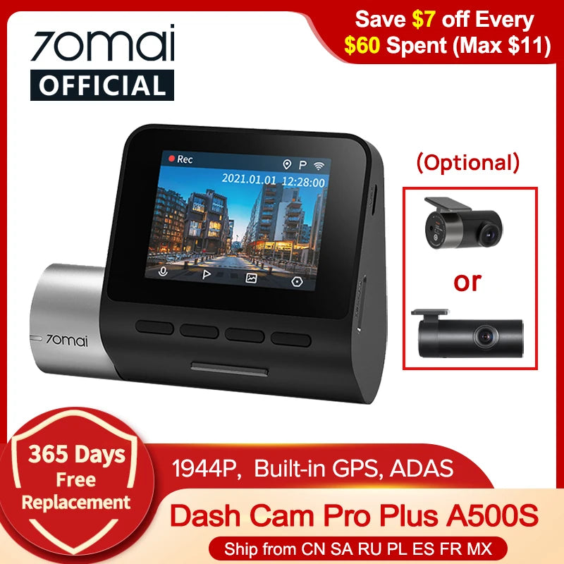 كاميرا 70mai Dash Cam Pro Plus A500S 1944P ADAS GPS كاميرا أمامية 70mai A500S 140FOV مسجل فيديو رقمي للسيارة يدعم وقوف السيارات على مدار 24 ساعة كاميرا خلفية داخلية