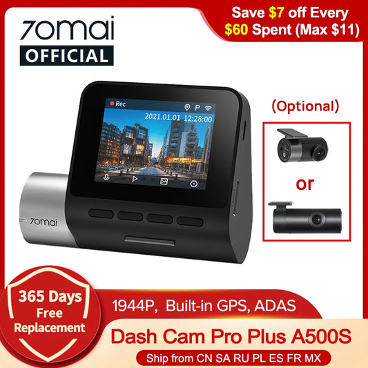 كاميرا 70mai Dash Cam Pro Plus A500S 1944P ADAS GPS كاميرا أمامية 70mai A500S 140FOV مسجل فيديو رقمي للسيارة يدعم وقوف السيارات على مدار 24 ساعة كاميرا خلفية داخلية