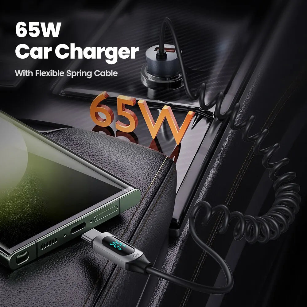 شاحن سيارة Toocki USB بقوة 65 وات، شحن سريع 3.0 4.0، شاحن هاتف للسيارة مع كابل شاشة من النوع C لأجهزة iPhone 15 14 13 12