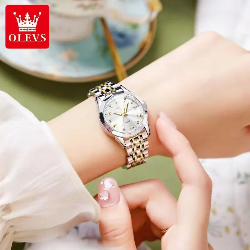 OLEVS 9931 Watches For Women Stainless Steel Strap Elegant Style Rhombus Mirror Original Quartz Waterproof Ladies Wristwatches