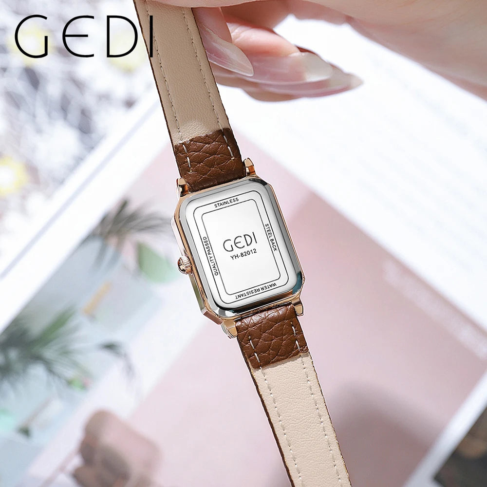 GEDI Waterproof Rectangle Small Women Watches Fashion Vintage Coffee Female Wristwatch Leather Strap Casual Quartz Ladies Clock