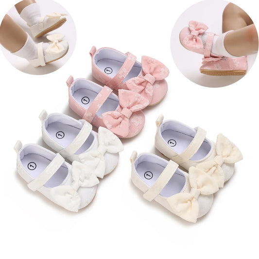 Cute 0-1yea Baby Casual Shoes Infant Toddler Bowknot Non-slip Rubber Soft-Sole Flat PU First Walker Newborn Bow Decor Mary Janes