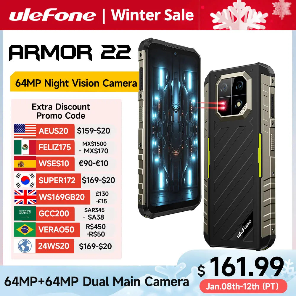 [World Premiere]Ulefone Armor 22  Rugged Phone ,16GB (8GB+8GB) RAM ,128GB/256GB ROM , Android 13 Smartphone,NFC 64MP 4G Phone