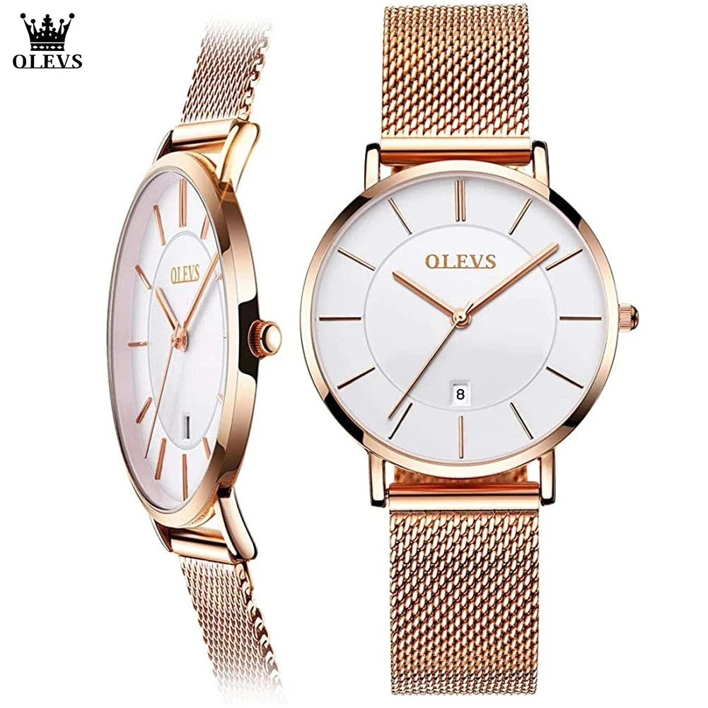 OLEVS 6.5mm Ultra Thin Watches for Women Rose Gold Stainless Steel Waterproof Ladies Wristwatches Big Face Quartz Watch Gift Box