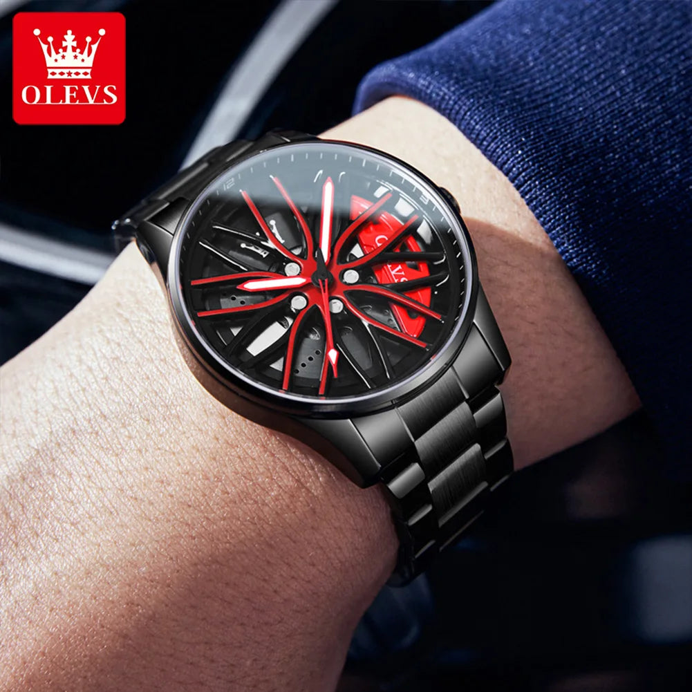 OLEVS Wheel Hub Watch for Men 360° Rotary Sport Car Rim Wristwatch High Quality Luxury Fashion Best Selling Quartz Men's Watches