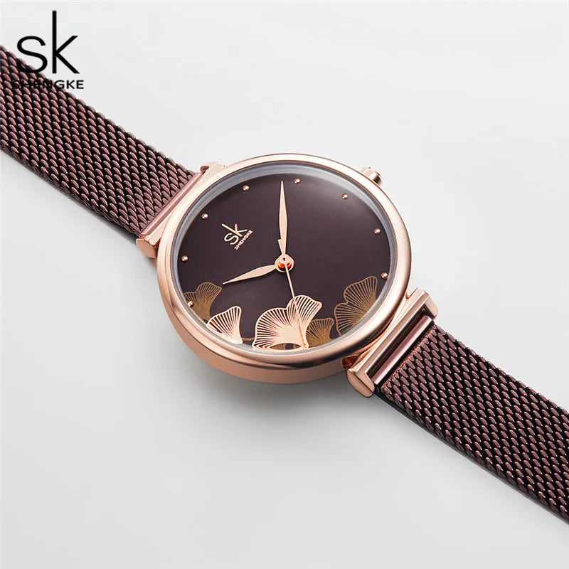 Shengke Watch For Women Creative Brown Mesh Band Women Watch Japanese Quartz Reloj Mujer Fashion Designer Serise Montre Femme