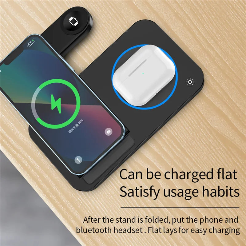 VIKEFON 30W 4-in-1 Wireless Charger Stand designed for convenient and fast charging. This foldable charging station supports iPhone 15, 14, 13, 12 series  and apple watch, and  It's also compatible with Samsung S24, S23, S22, S21 Galaxy devices.