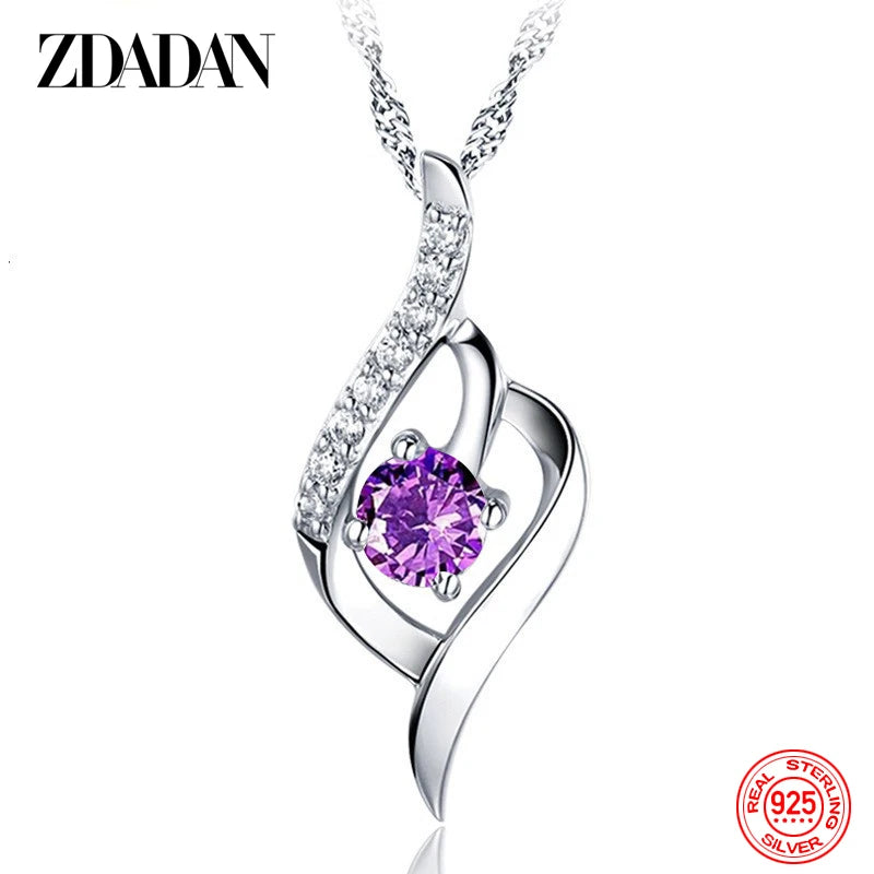 ZDADAN 925 Sterling Silver Heart Amethyst Necklace For Women Fashion Wedding Jewelry