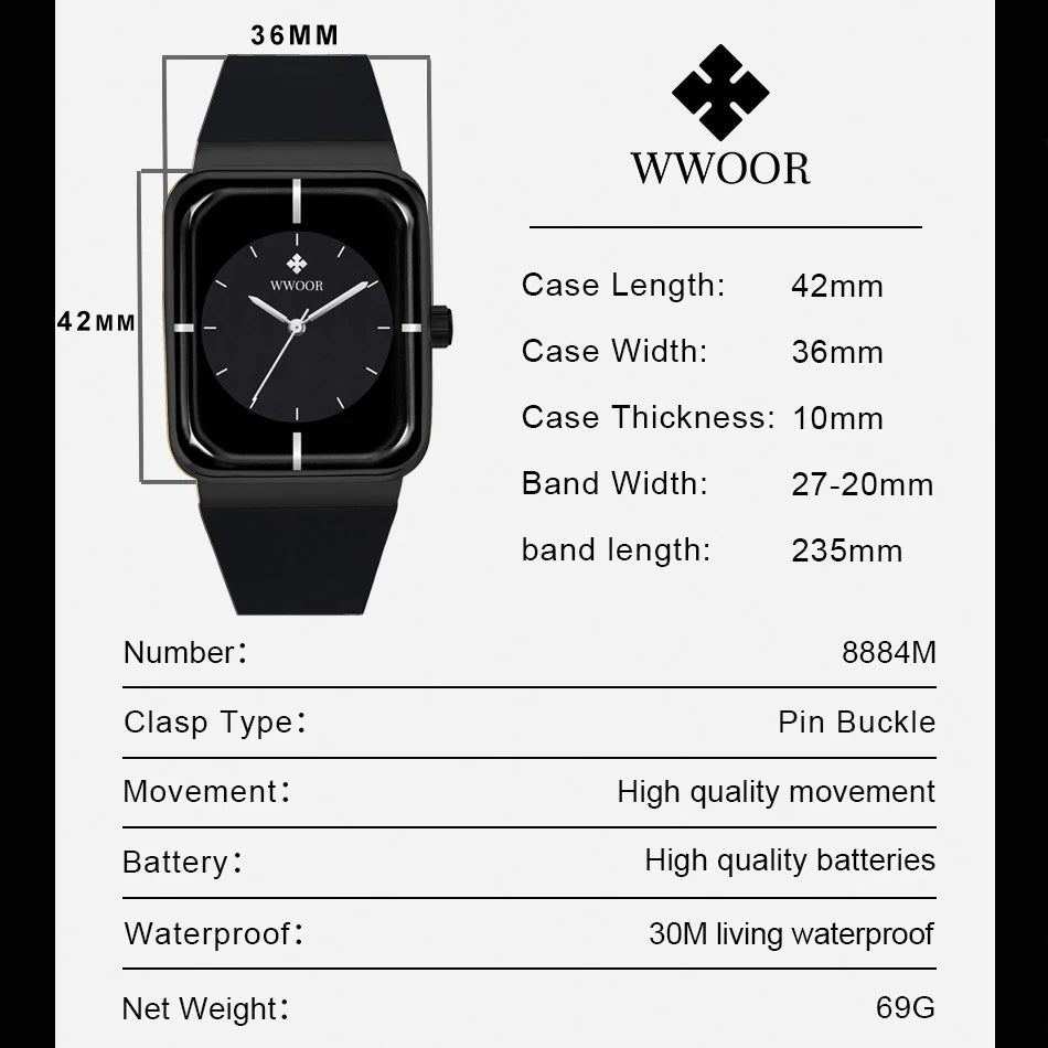 ساعات رجالية جديدة من WWOOR 2024، ساعة يد كوارتز مربعة فاخرة للرجال، ساعة كاجوال فريدة من نوعها مقاومة للماء للرجال