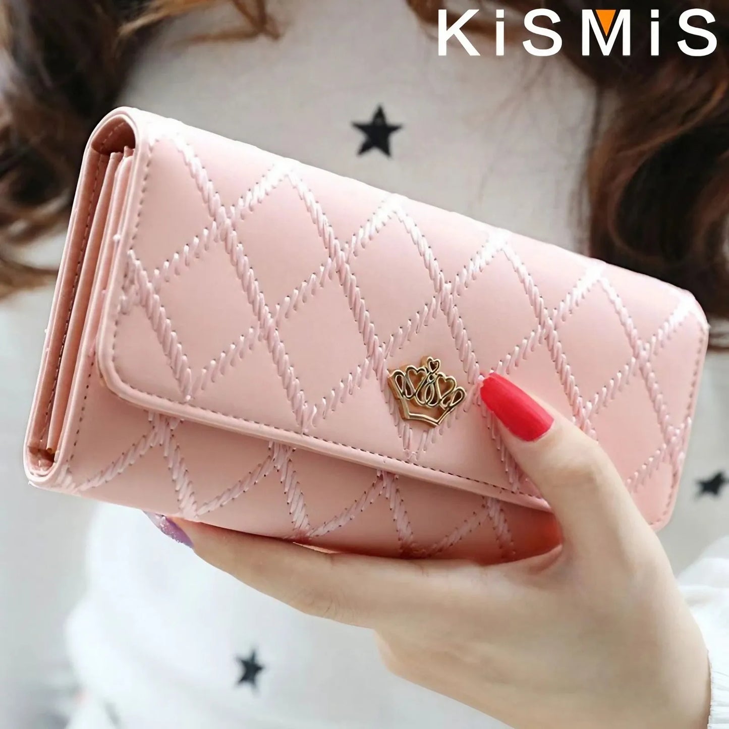 KISMIS Wallets for Women Cute Pink Pocket Womens Wallets Purses Plaid PU Leather Long Wallet Hasp Phone Bag Money Coin Pocket Ca