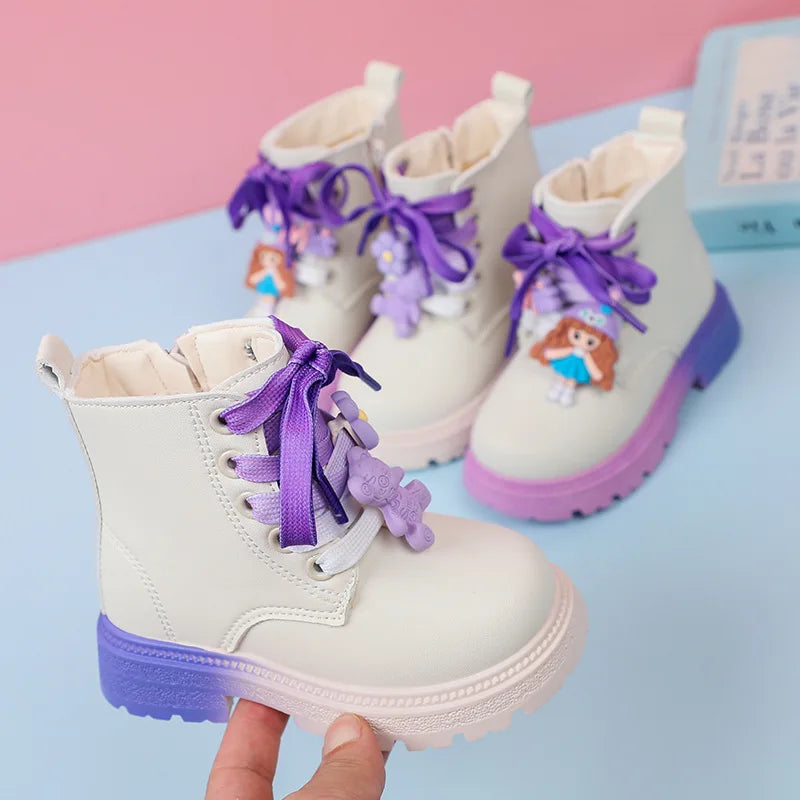 Girl's Ankle Boots 2023 Autumn Winter New Children Short Boot 22-33 Toddler Round Toe Chunky Rubber Fashion Side Zip Kids Shoes