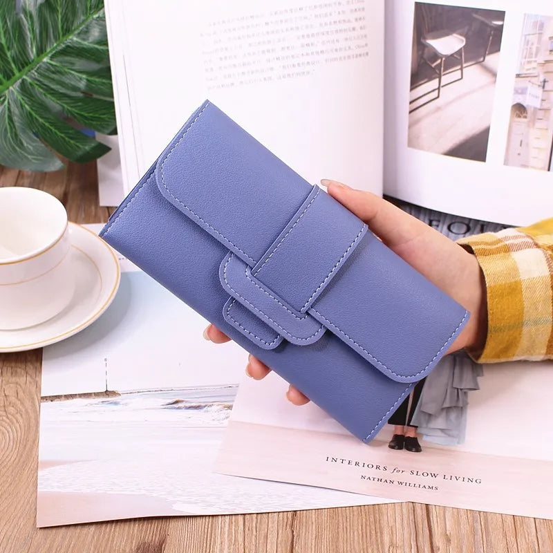 Ladies leather wallet women long flap high-end luxury long multifunctional buckle leather wallet