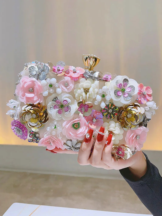 3D Beaded Flower Evening Bag, Elegant Box Clutch Purse, Women's Wedding Handbags For Party Prom