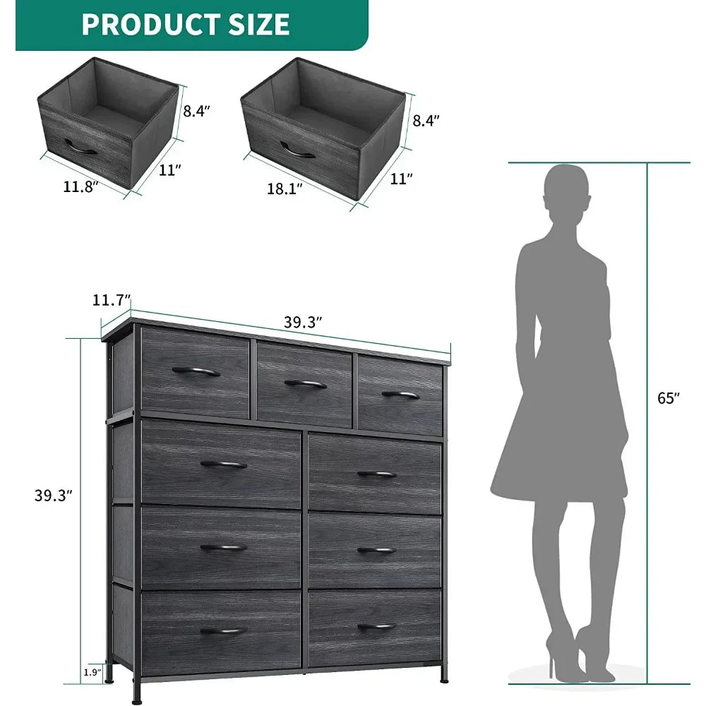 Dresser with 9 Drawers for Bedroom Fabric Storage Tower, Organizer Unit Sturdy Steel Frame, Wooden Top & Easy Pull