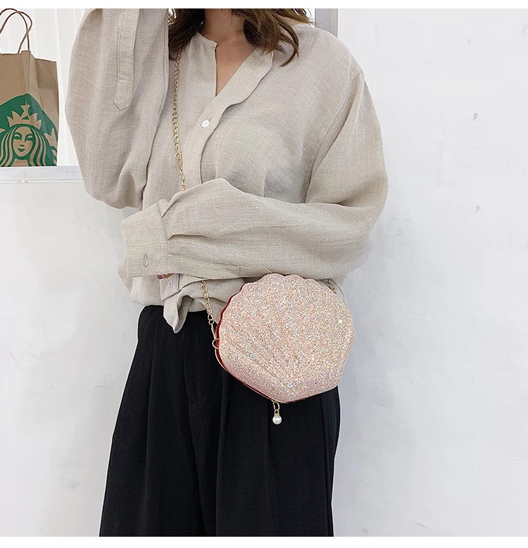 Women Shoulder Handbags Shell Bag Chain Cute Sequins Small Bag Phone Money Pouch Zipper Crossbody Bags for Women Bolsa Feminina