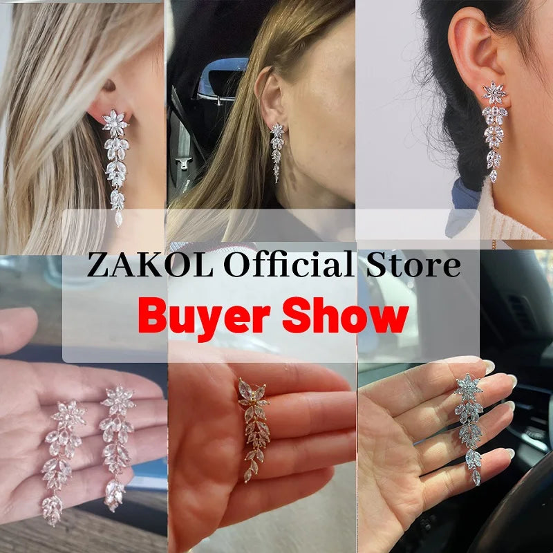 ZAKOL Luxury Gorgeous Marquise Cluster Flower Shape Cubic Zirconia Long Dangle Drop Earrings for Brides Wedding Jewelry EP005