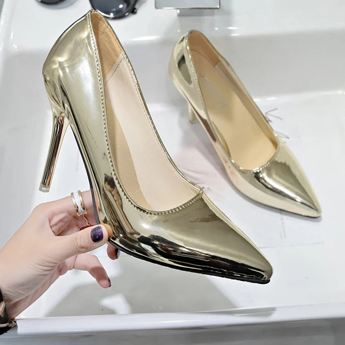 Aphixta 10cm Heels Women Pumps Shoes Pointed Toe Bling Gold Patent Leather Sexy Wedding Party Official Shoes Woman Big Size