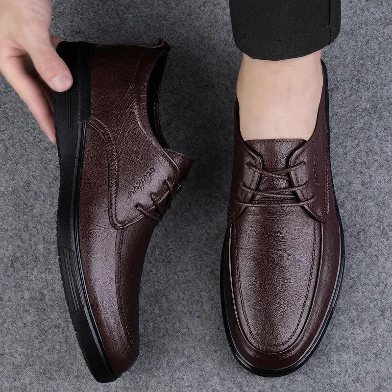 Leather men's casual leather shoes breathable everything soft sole soft pea shoes men's lace-up business casual shoes