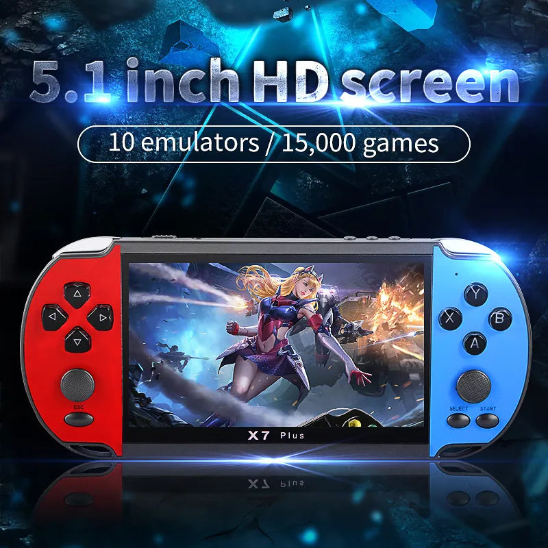 وحدة تحكم ألعاب محمولة X7Plus بشاشة عالية الدقة مقاس 5.1 بوصة ومشغل صوت وفيديو محمول مع أكثر من 15000 لعبة مجانية مدمجة