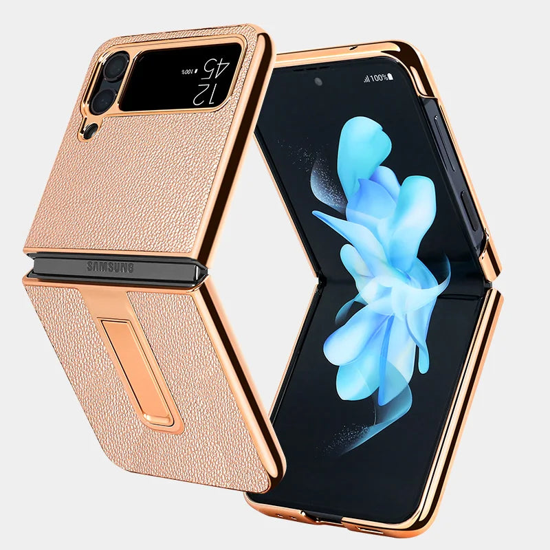 Vietao z flip5 Golden Plated genuine Leather mobile Phone Case for Samsung Galaxy Z Flip 3 5G 4 5 Case Cover with Hidden bracket