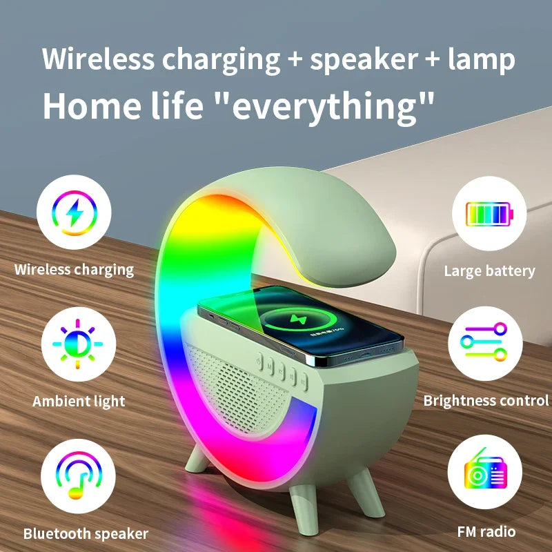 حامل شاحن لاسلكي متعدد الوظائف مزود بإضاءة RGB وبطاقة FM وTF وUSB ومكبر صوت بلوتوث لأجهزة iPhone وXiaomi وSamsung ومحطة شحن سريعة