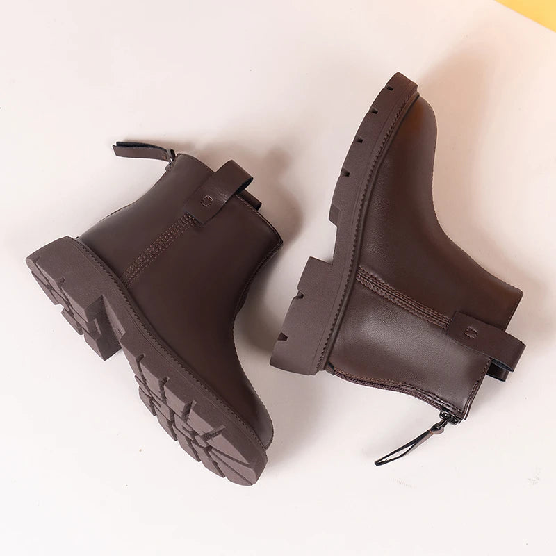 2023 New Brown Black Boys Short Boots Back Zipper Spring Autumn Chic Girls Leather Boots Non-slip Kids Shoes for Performance PU