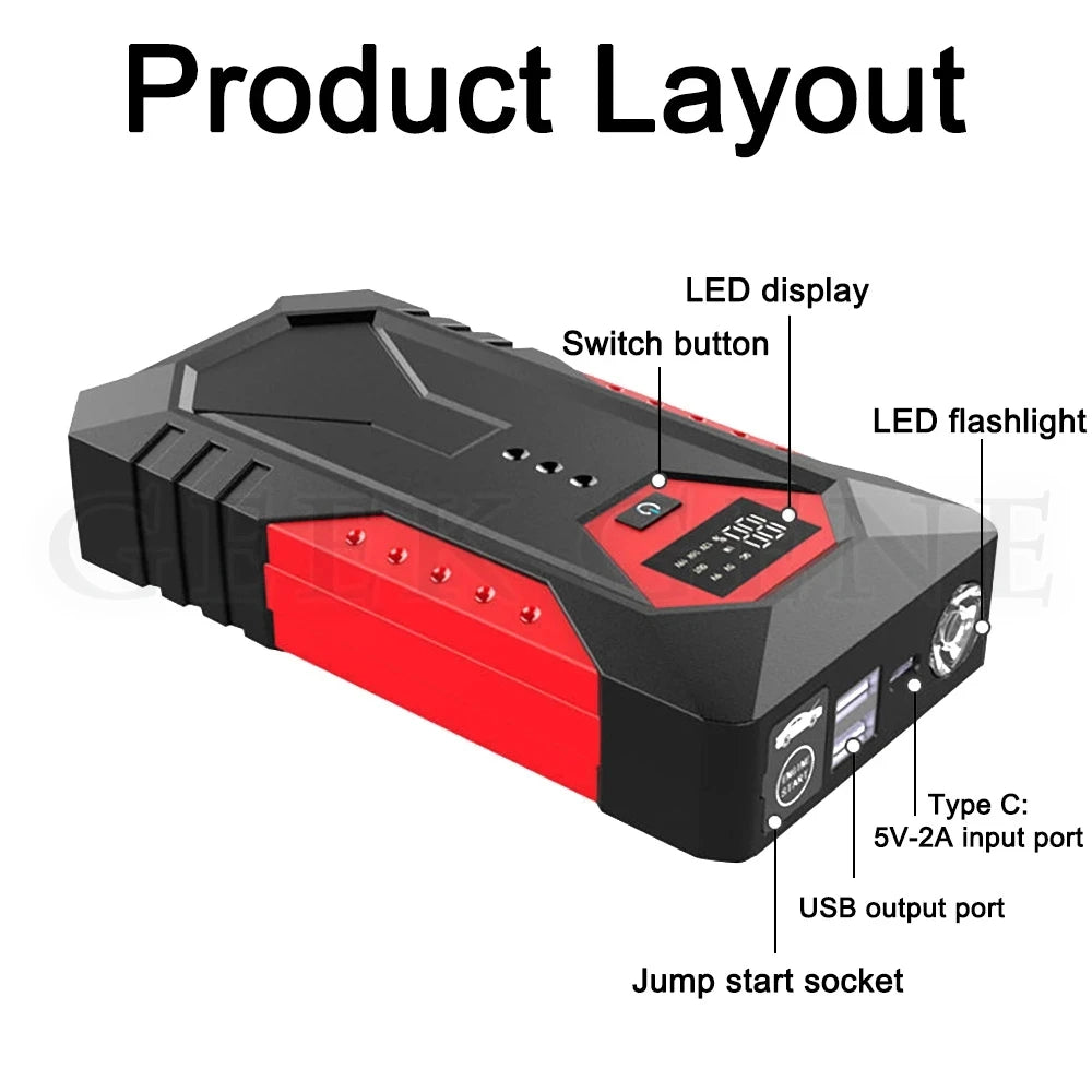 12V Car Jump Starter Power Bank Portable 1200A Car Battery Booster ChargerStarting Device Auto Emergency Start-up Lighting