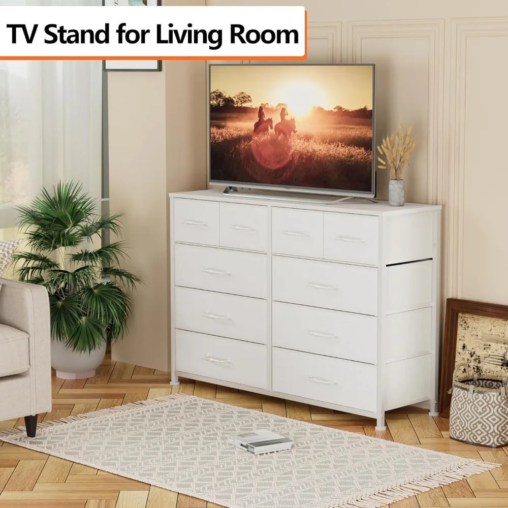 10 Drawers Dresser for Bedroom, White Dresser for 55'' Long TV Stand Entertainment Center, Fabric Bins, Wood Top (White)