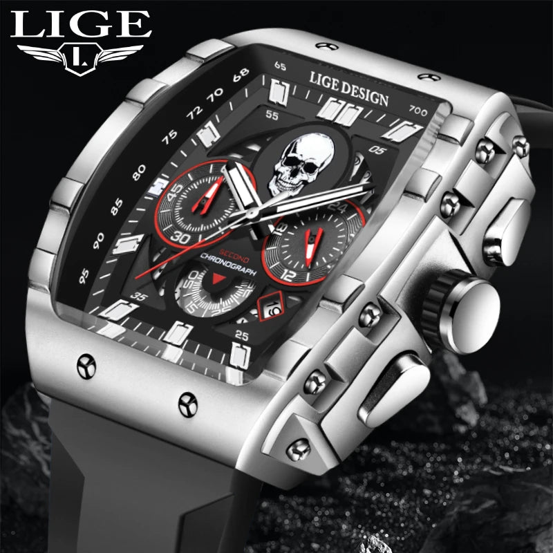 LIGE Brand Watch Men Skeleton Skull Dial Sport Army Watches Mens Fashion Luxury Waterproof Quartz Watch Chronograph Montre Homme