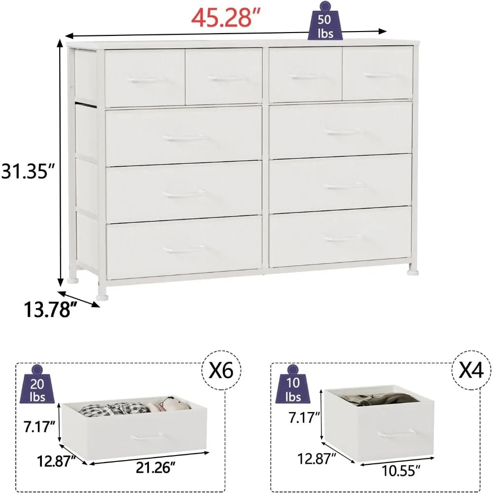 10 Drawers Dresser for Bedroom, White Dresser for 55'' Long TV Stand Entertainment Center, Fabric Bins, Wood Top (White)