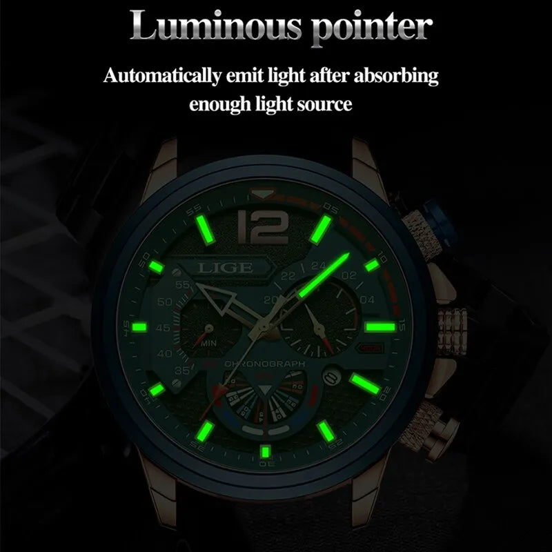 LIGE Fashion Watch Man Luxury Chronograph Sport Mens Watches Quartz Wristwatches Leather Male Waterproof Clock Relogio Masculino