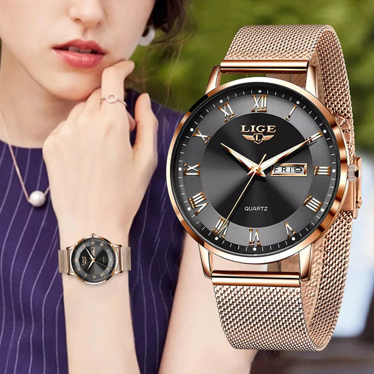 LIGE Women Watch Bracelet Quartz Clock Movement Simple Waterproof Rose Gold Stainless Steel Mesh Ladies Watches Relogio Feminino