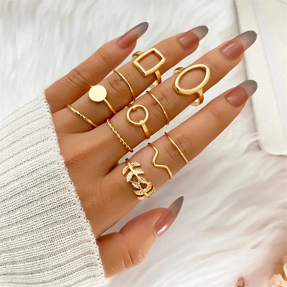 New Fashion Creative Geometric Leaf Wave Hollow Ring Set 11 Pcs for Women Men Simple Knuckle Ring Charm Wedding Party Jewelry