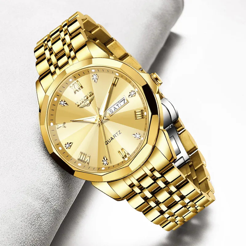 LIGE Ladies Wristwatch Luxury Waterproof Luminous Date Gold Watch For Women Dress Stainless Steel Quartz Women's Watches+Box